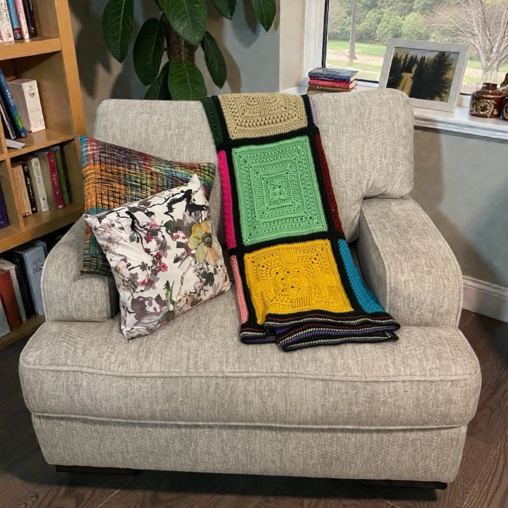 Vintage Granny Afghan Patch Crochet Knit Rainbow Throw Blanket 66” Square